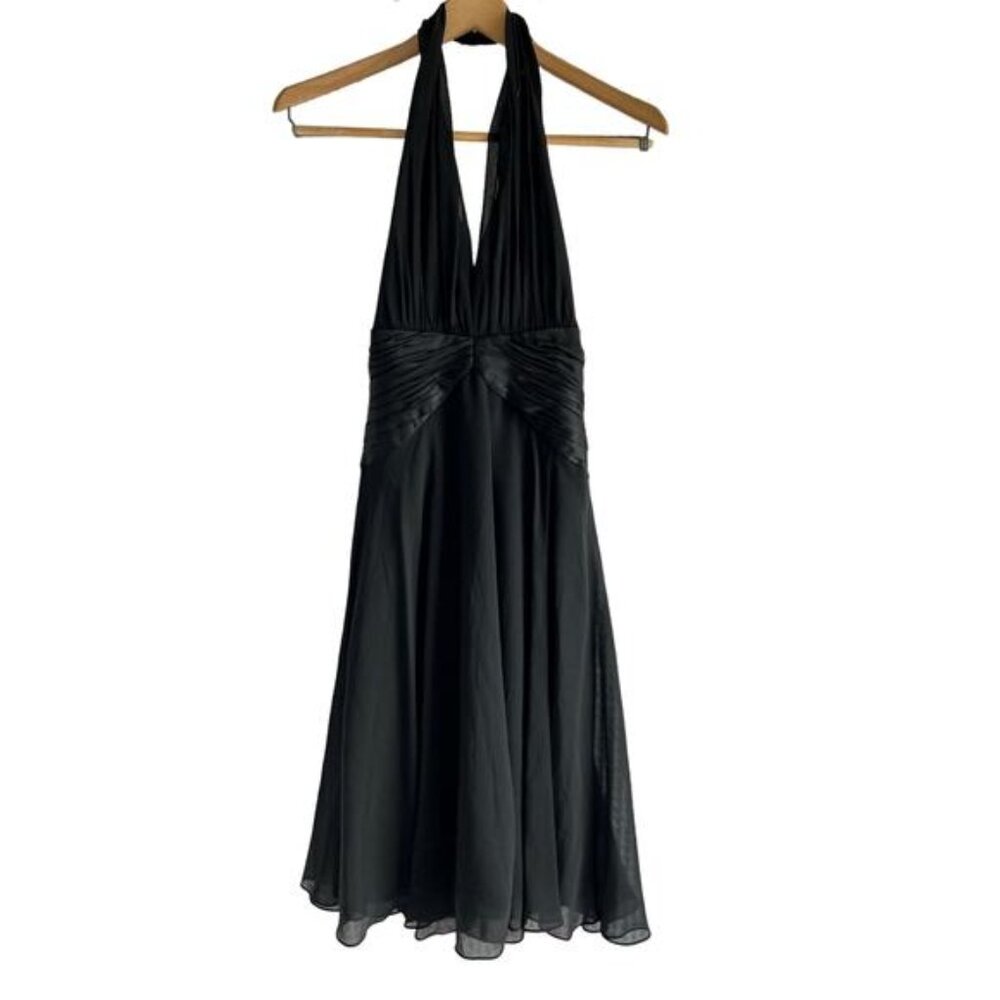 Maggy London Women’s Size 6P 100% Silk Black Halter Midi Dress‎